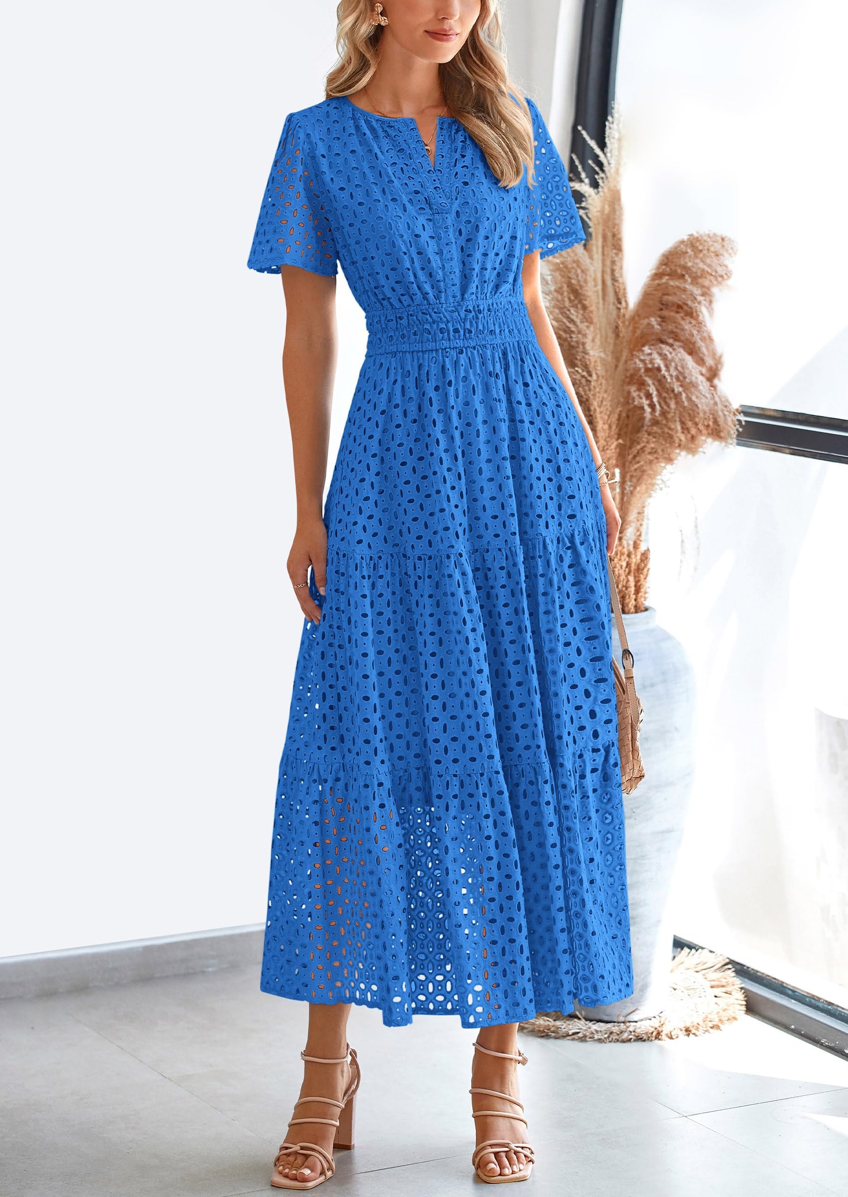 PRETTYGARDEN Womens Maxi Dress Short Sleeve V Neck Hollow Out Eyelet A Line Long Flowy Beach Vacation Dresses