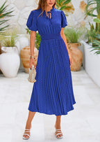 PRETTYGARDEN Womens Midi Dresses Puff Short Sleeve V Neck Swiss Dot Pleated A Line Flowy Long Wedding Guest Dress