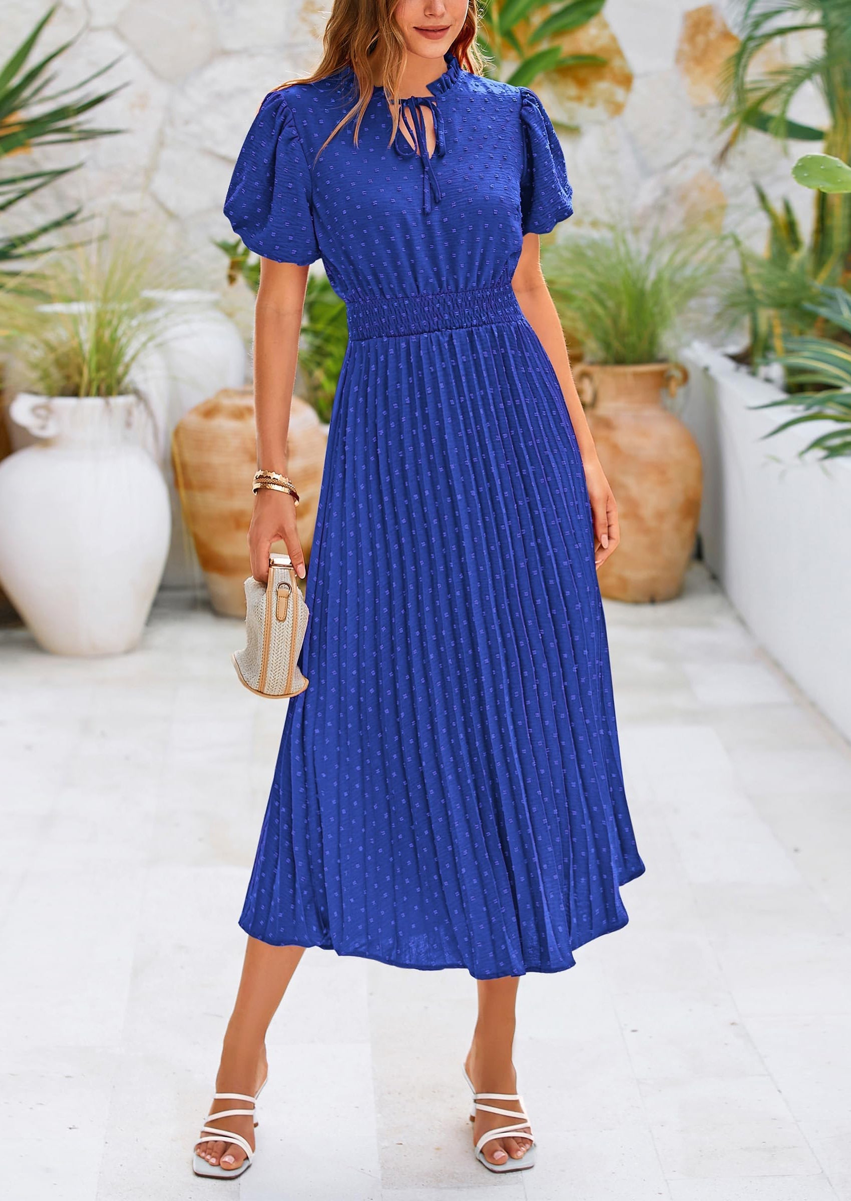 PRETTYGARDEN Womens Midi Dresses Puff Short Sleeve V Neck Swiss Dot Pleated A Line Flowy Long Wedding Guest Dress