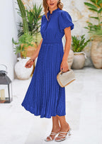 PRETTYGARDEN Womens Midi Dresses Puff Short Sleeve V Neck Swiss Dot Pleated A Line Flowy Long Wedding Guest Dress