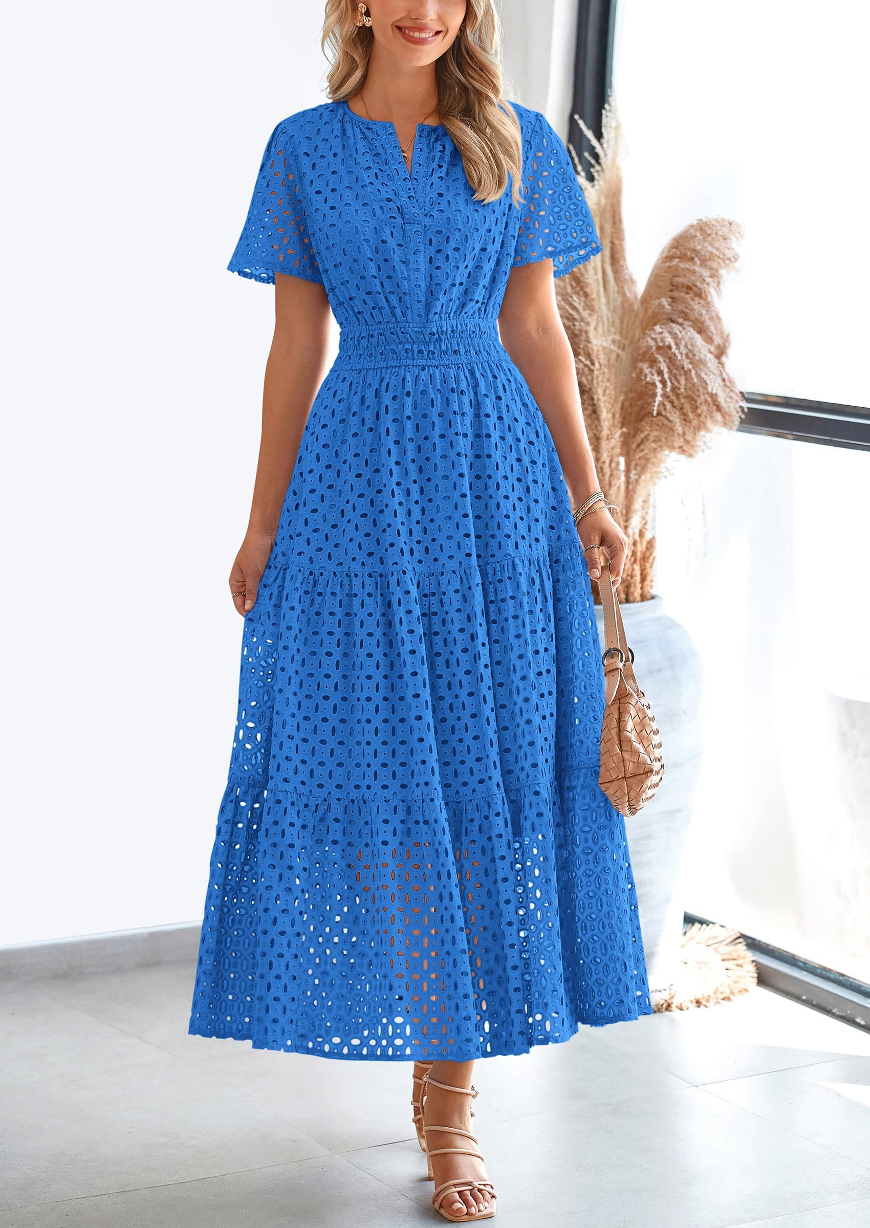 PRETTYGARDEN Womens Maxi Dress Short Sleeve V Neck Hollow Out Eyelet A Line Long Flowy Beach Vacation Dresses