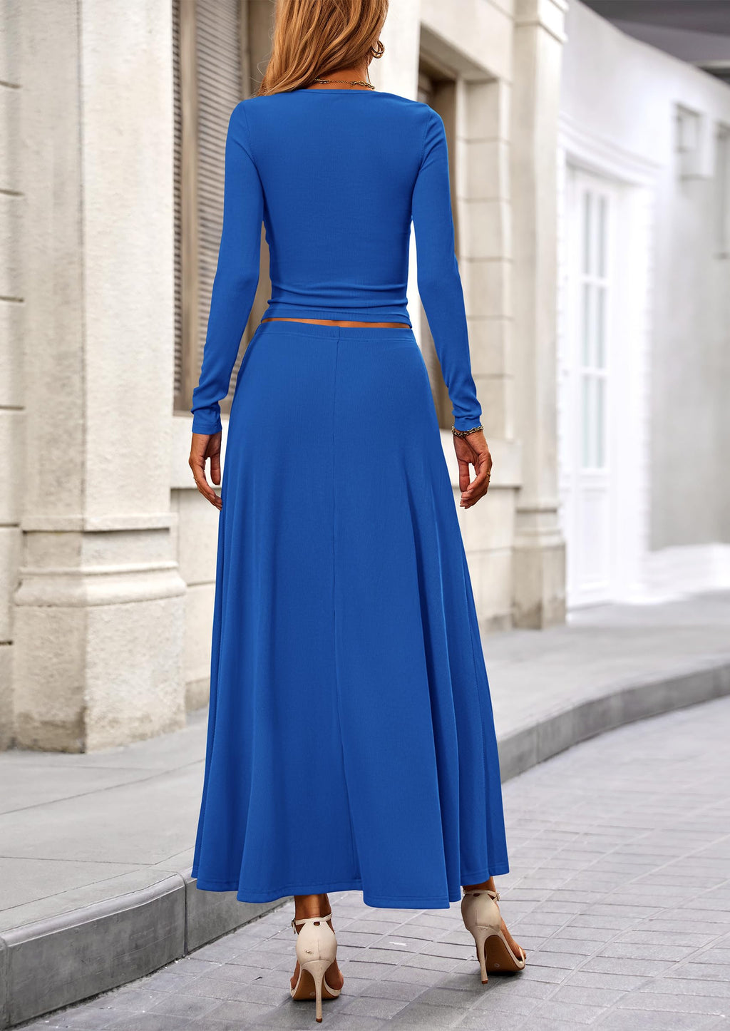 PRETTYGARDEN 2 Piece Casual Ribbed Knit Long Sleeve Crop Tops Maxi Flowy Skirts Matching Sets
