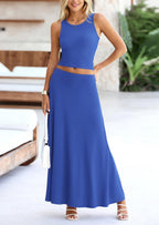 PRETTYGARDEN 2 Piece Maxi Skirt Sets Casual Knit Cropped Tank Top High Waisted Long Skirts Outfit