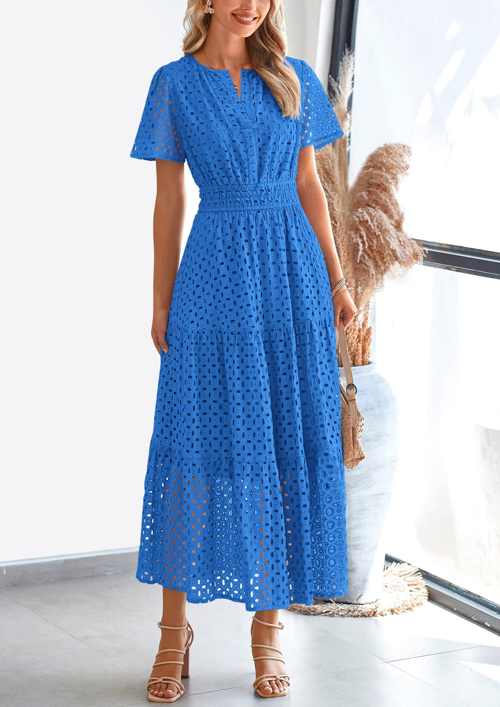 PRETTYGARDEN Womens Maxi Dress Short Sleeve V Neck Hollow Out Eyelet A Line Long Flowy Beach Vacation Dresses