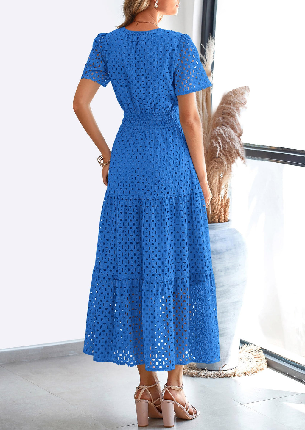 PRETTYGARDEN Womens Maxi Dress Short Sleeve V Neck Hollow Out Eyelet A Line Long Flowy Beach Vacation Dresses