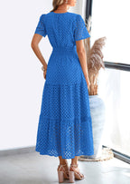 PRETTYGARDEN Womens Maxi Dress Short Sleeve V Neck Hollow Out Eyelet A Line Long Flowy Beach Vacation Dresses
