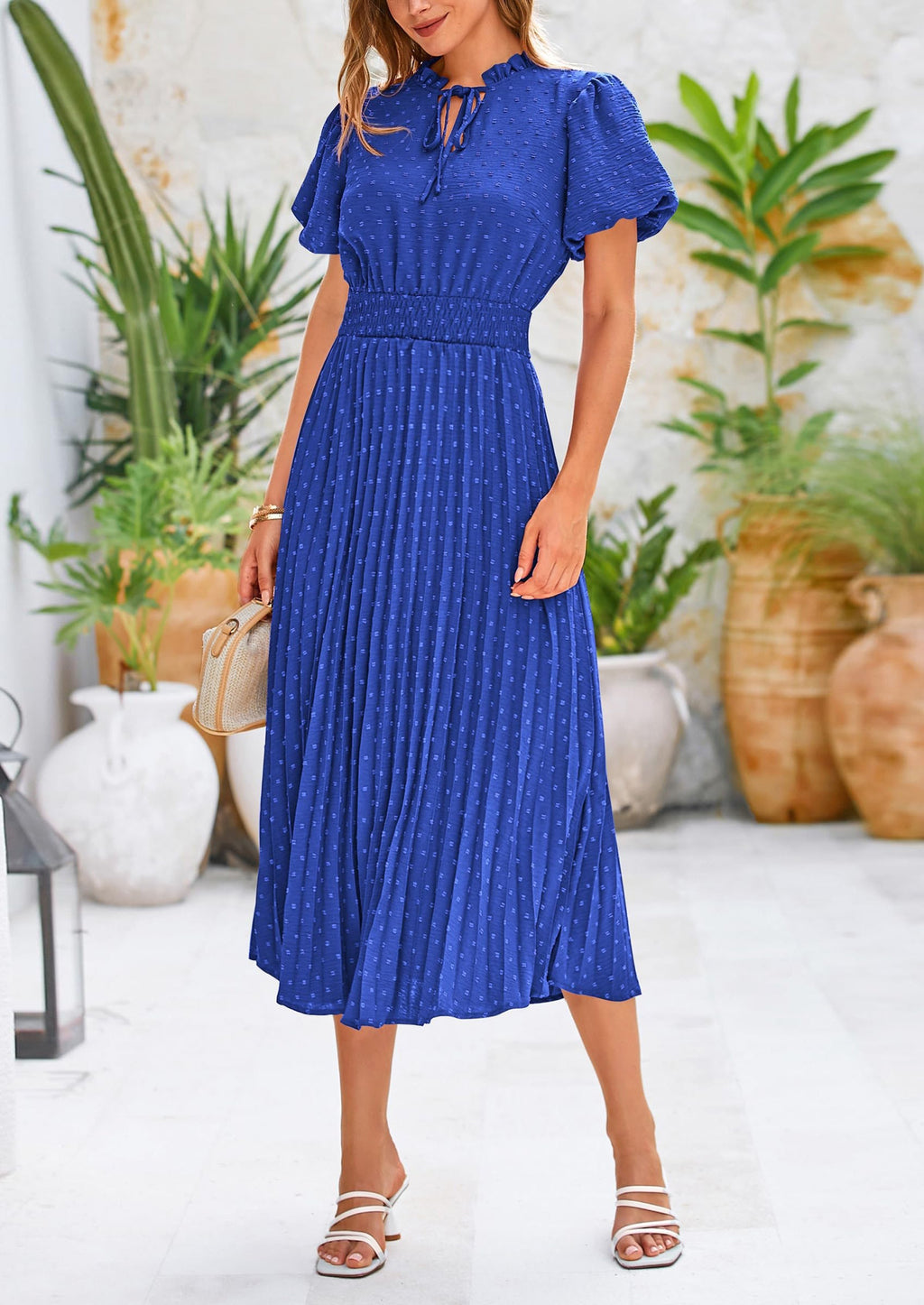 PRETTYGARDEN Womens Midi Dresses Puff Short Sleeve V Neck Swiss Dot Pleated A Line Flowy Long Wedding Guest Dress