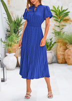 PRETTYGARDEN Womens Midi Dresses Puff Short Sleeve V Neck Swiss Dot Pleated A Line Flowy Long Wedding Guest Dress