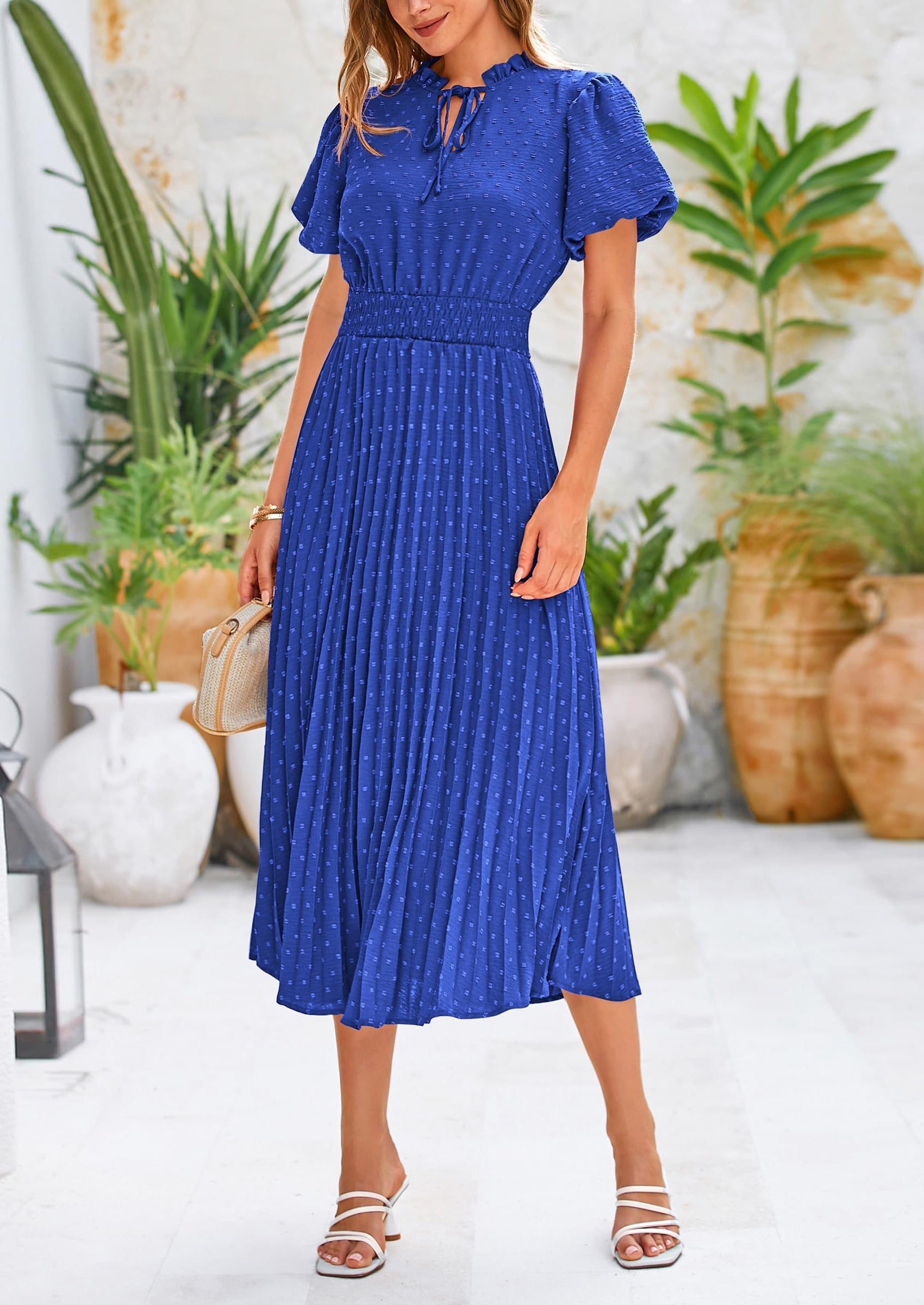PRETTYGARDEN Womens Midi Dresses Puff Short Sleeve V Neck Swiss Dot Pleated A Line Flowy Long Wedding Guest Dress