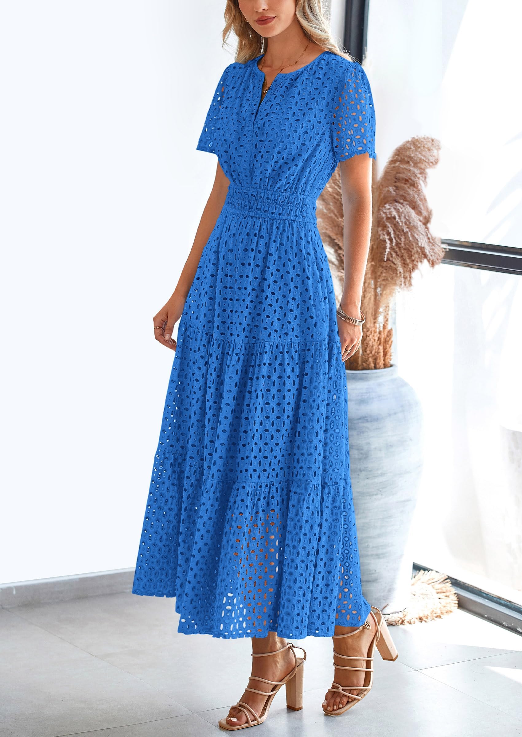 PRETTYGARDEN Womens Maxi Dress Short Sleeve V Neck Hollow Out Eyelet A Line Long Flowy Beach Vacation Dresses