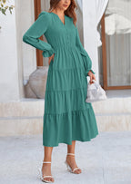 PRETTYGARDEN Women Fall Long Sleeve Smocked Maxi Dress Casual Square Neck Swiss Dot Tiered Ruffle Flowy Spring Pocket Dresses