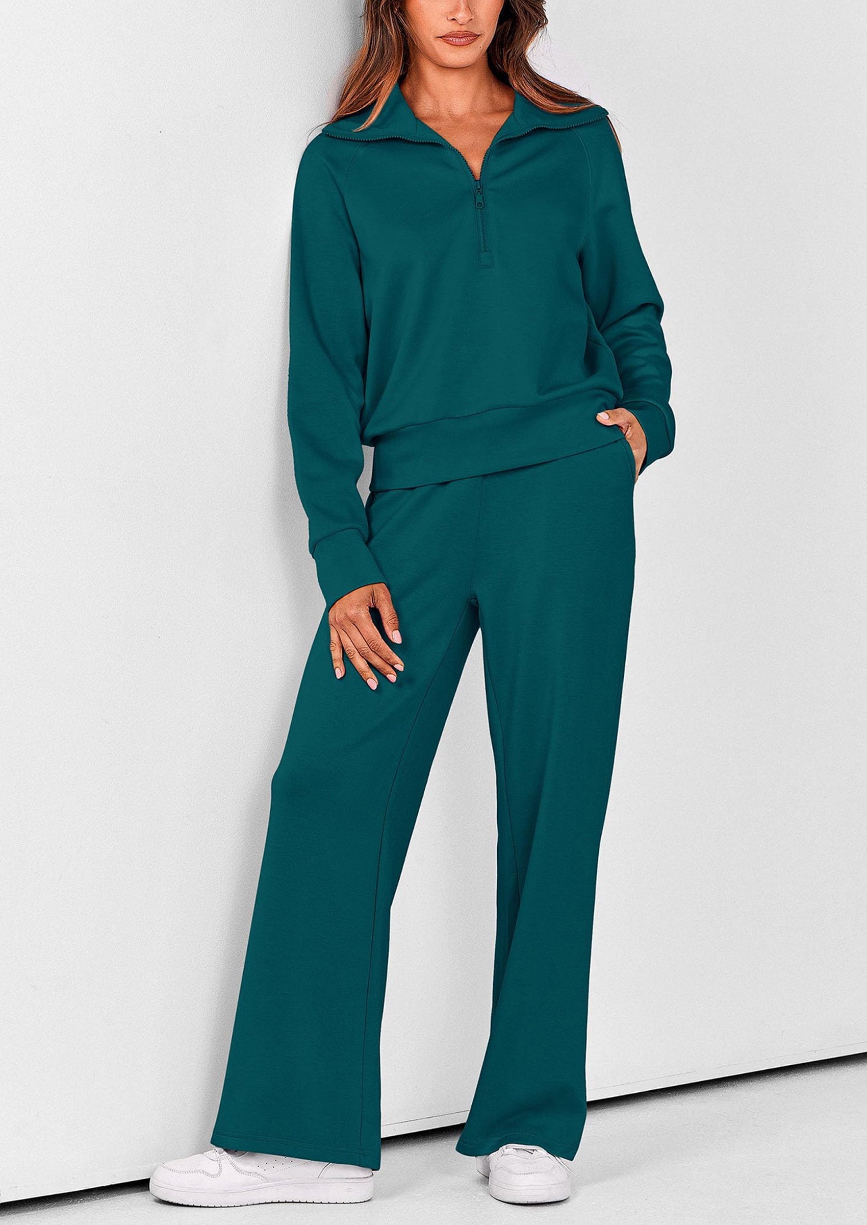 PRETTYGARDEN Women's 2 Piece Outfits Casual Lapel Half Zip Sweatshirts And Wide Leg Pants Tracksuit Sets