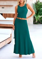 PRETTYGARDEN 2 Piece Maxi Skirt Sets Casual Knit Cropped Tank Top High Waisted Long Skirts Outfit
