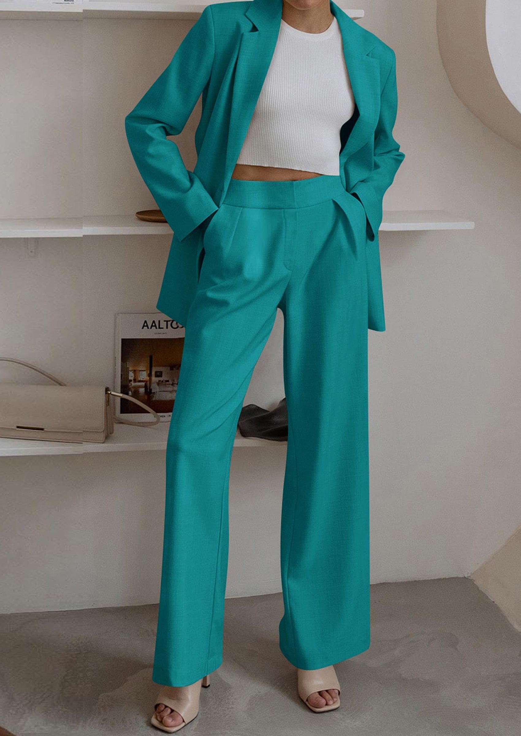PRETTYGARDEN Women's Fall Two Piece Outfits Dressy Blazer Jacket and Wide Leg Pants Pockets Business Casual Office Suit Sets