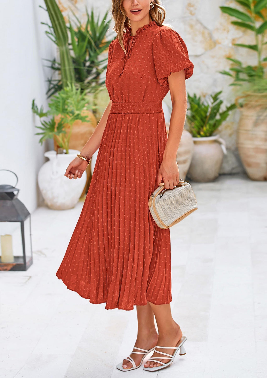 PRETTYGARDEN Womens Midi Dresses Puff Short Sleeve V Neck Swiss Dot Pleated A Line Flowy Long Wedding Guest Dress