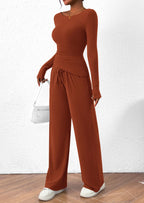 PRETTYGARDEN Women's 2 Piece Lounge Sets Asymmetrical Long Sleeve T Shirt Wide Leg Pants Casual Outfits Tracksuit