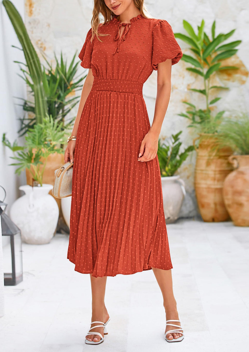 PRETTYGARDEN Womens Midi Dresses Puff Short Sleeve V Neck Swiss Dot Pleated A Line Flowy Long Wedding Guest Dress