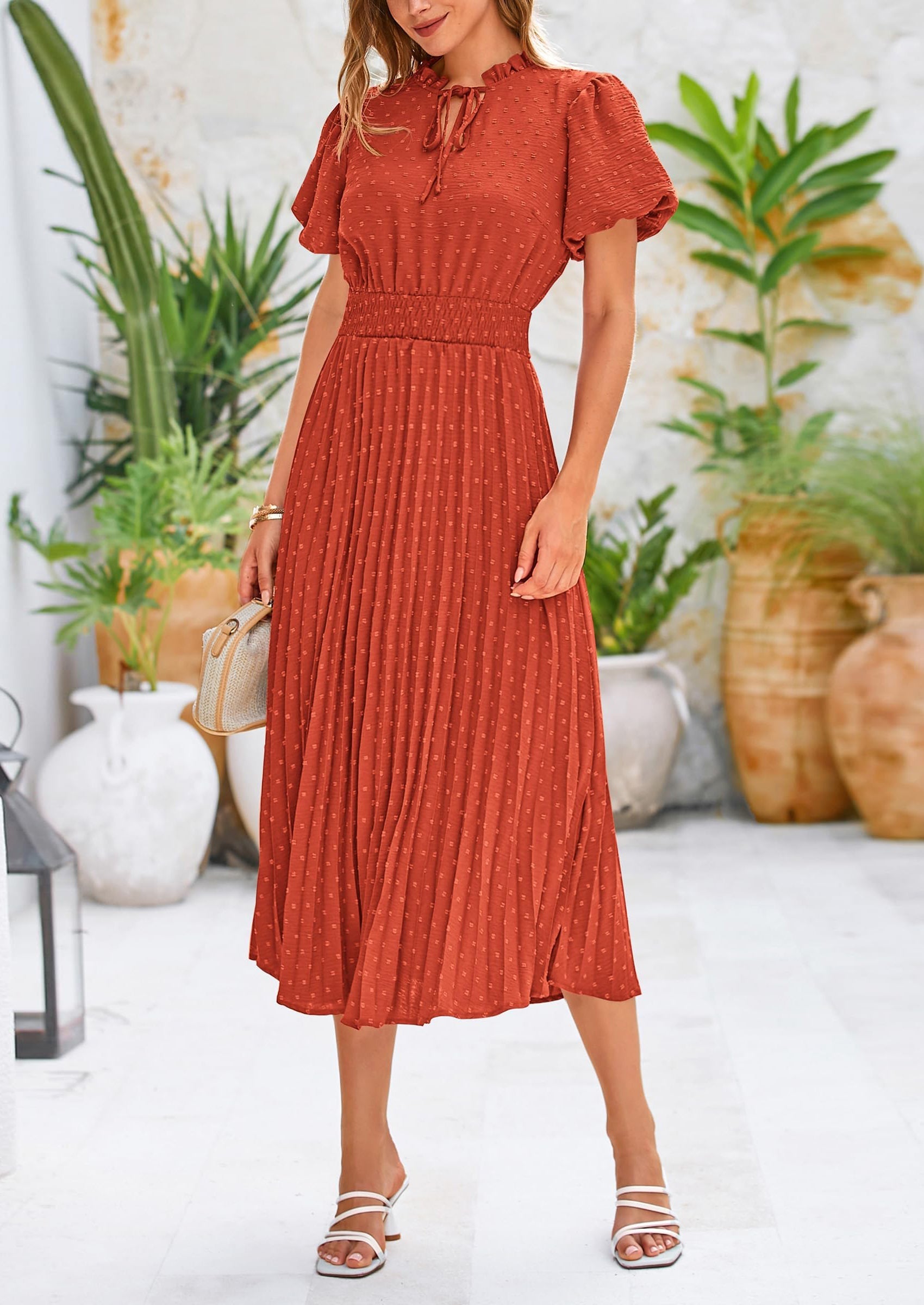 PRETTYGARDEN Womens Midi Dresses Puff Short Sleeve V Neck Swiss Dot Pleated A Line Flowy Long Wedding Guest Dress