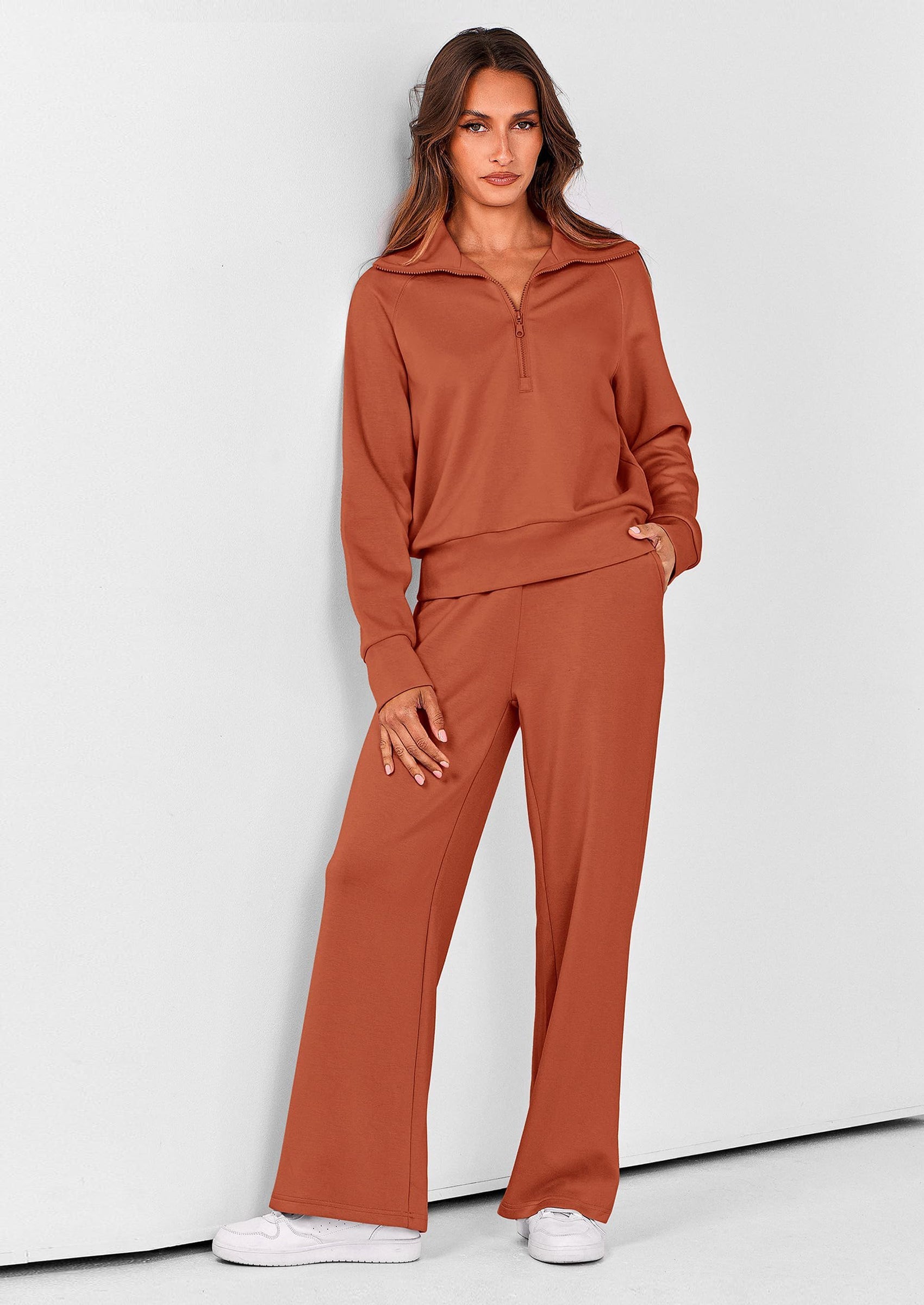 PRETTYGARDEN Women's 2 Piece Outfits Casual Lapel Half Zip Sweatshirts And Wide Leg Pants Tracksuit Sets