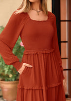 PRETTYGARDEN Women Fall Long Sleeve Smocked Maxi Dress Casual Square Neck Swiss Dot Tiered Ruffle Flowy Spring Pocket Dresses