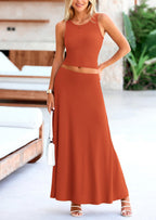 PRETTYGARDEN 2 Piece Maxi Skirt Sets Casual Knit Cropped Tank Top High Waisted Long Skirts Outfit