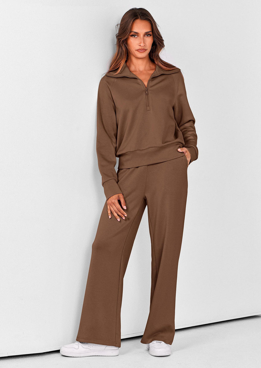 PRETTYGARDEN Women's 2 Piece Outfits Casual Lapel Half Zip Sweatshirts And Wide Leg Pants Tracksuit Sets