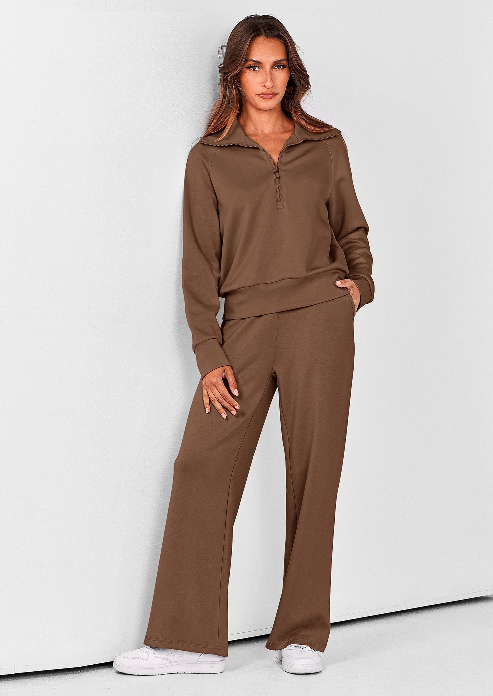 PRETTYGARDEN Women's 2 Piece Outfits Casual Lapel Half Zip Sweatshirts And Wide Leg Pants Tracksuit Sets