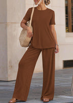PRETTYGARDEN Summer Lounge Sets for Women 2 Piece Short Sleeve Crewneck Cute Tops and Wide Leg Pants with Pockets Pj Set