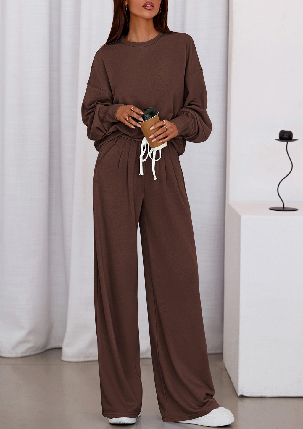 PRETTYGARDEN Womens 2 Piece Sets Long Sleeve Sweatshirt Wide Leg Pants Loose Matching Lounge Set Trendy Fall Outfits