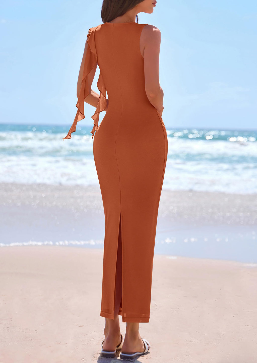 PRETTYGARDEN Women's Summer Maxi Dresses Sleeveless Ruffle Formal Wedding Guest Cocktail Mesh Bodycon Split Long Dress