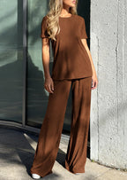 PRETTYGARDEN Summer Lounge Sets for Women 2 Piece Short Sleeve Crewneck Cute Tops and Wide Leg Pants with Pockets Pj Set
