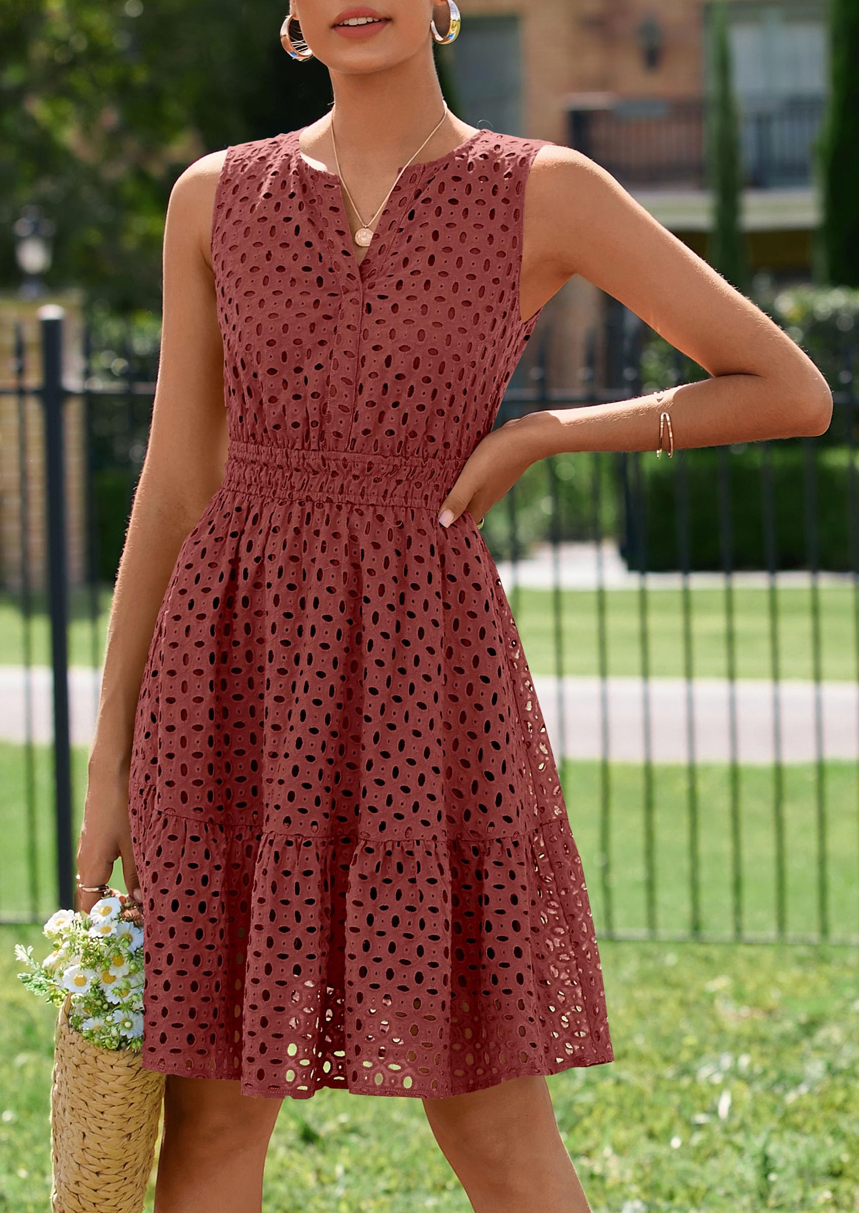 PRETTYGARDEN Women's Summer Dresses Sleeveless V Neck Eyelet Hollow Out Swing A Line Beach Vacation Sun Dress