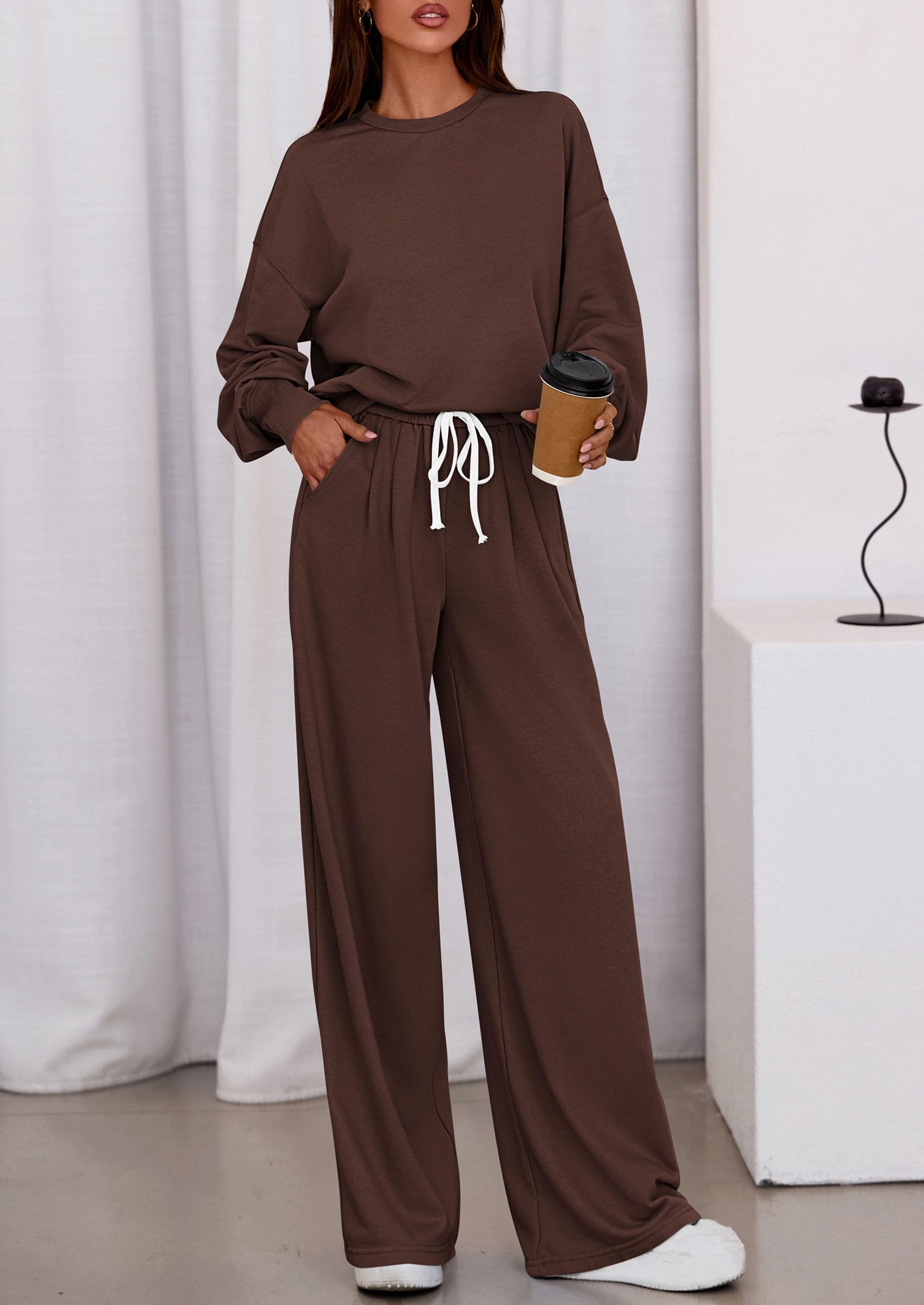 PRETTYGARDEN Womens 2 Piece Sets Long Sleeve Sweatshirt Wide Leg Pants Loose Matching Lounge Set Trendy Fall Outfits