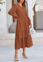 PRETTYGARDEN Women Fall Long Sleeve Smocked Maxi Dress Casual Square Neck Swiss Dot Tiered Ruffle Flowy Spring Pocket Dresses