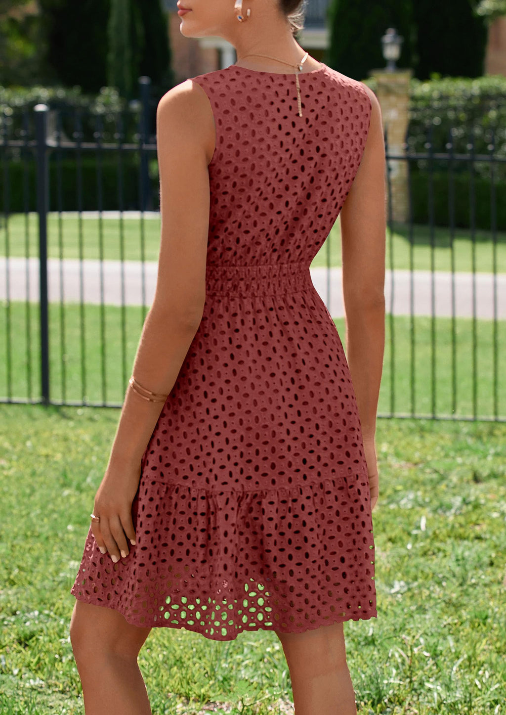 PRETTYGARDEN Women's Summer Dresses Sleeveless V Neck Eyelet Hollow Out Swing A Line Beach Vacation Sun Dress