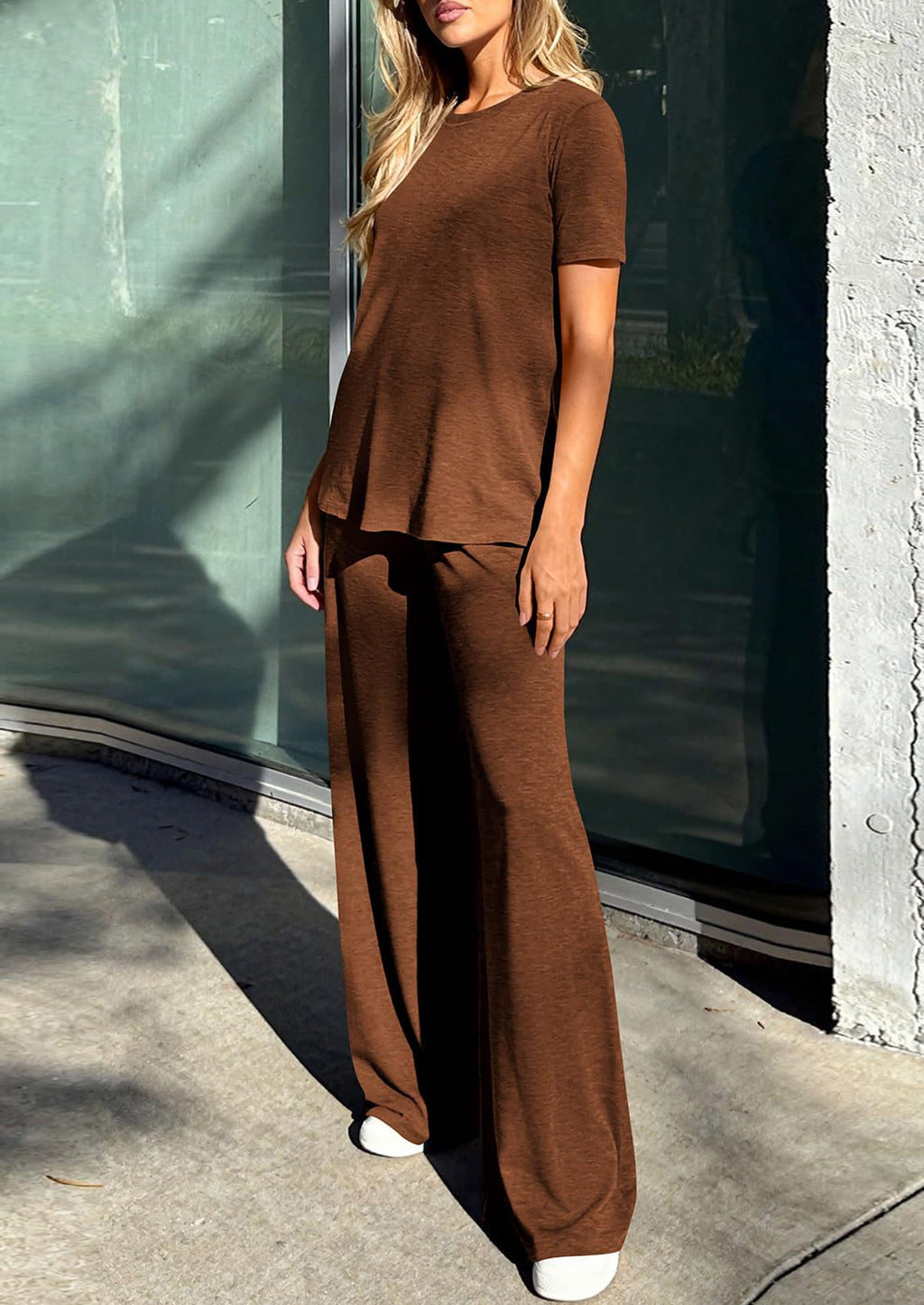 PRETTYGARDEN Summer Lounge Sets for Women 2 Piece Short Sleeve Crewneck Cute Tops and Wide Leg Pants with Pockets Pj Set