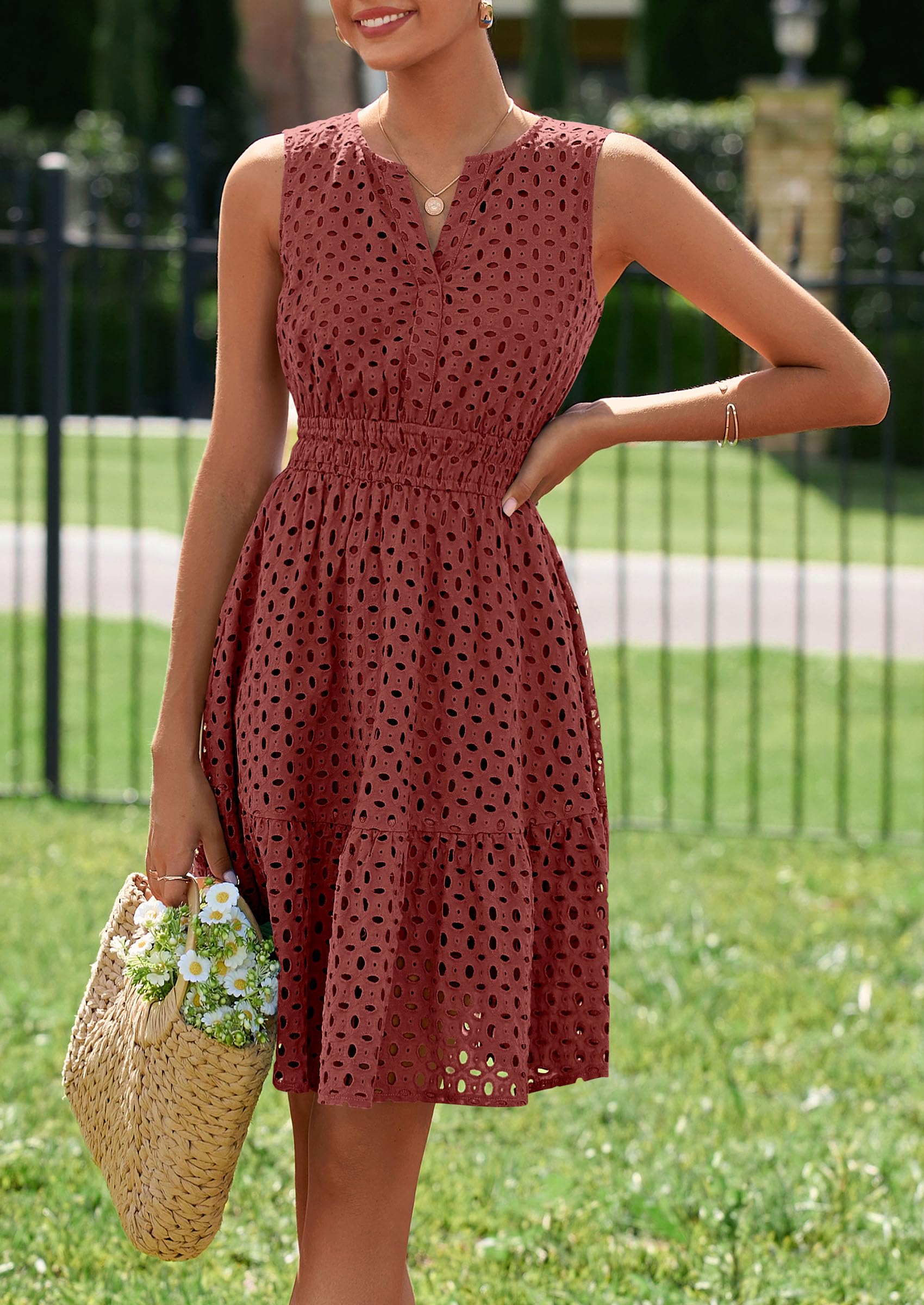 PRETTYGARDEN Women's Summer Dresses Sleeveless V Neck Eyelet Hollow Out Swing A Line Beach Vacation Sun Dress