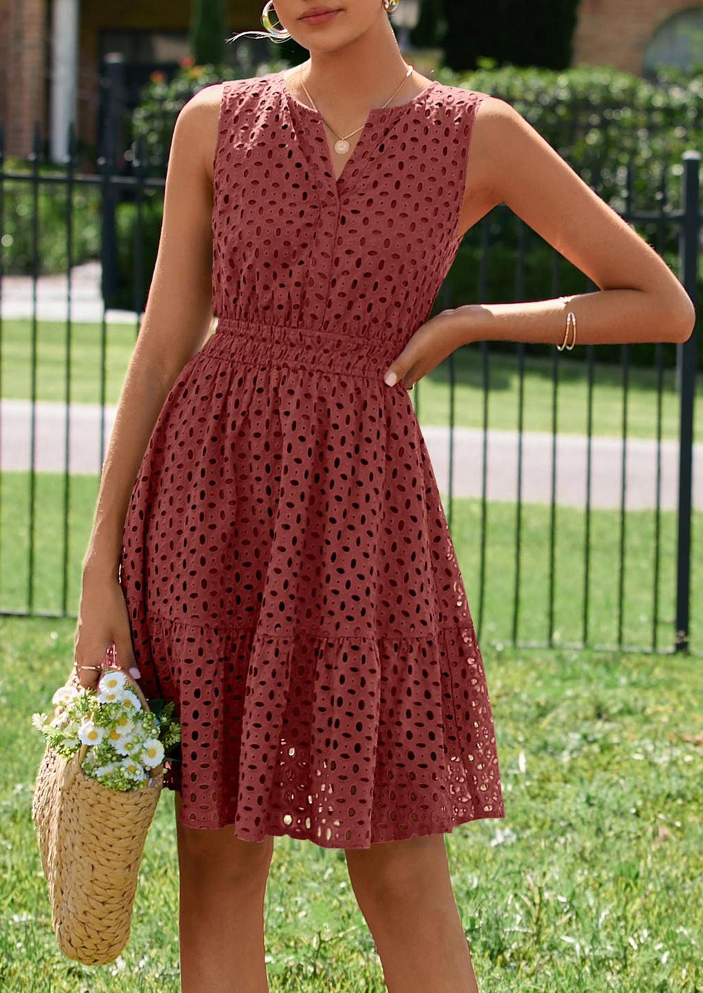 PRETTYGARDEN Women's Summer Dresses Sleeveless V Neck Eyelet Hollow Out Swing A Line Beach Vacation Sun Dress