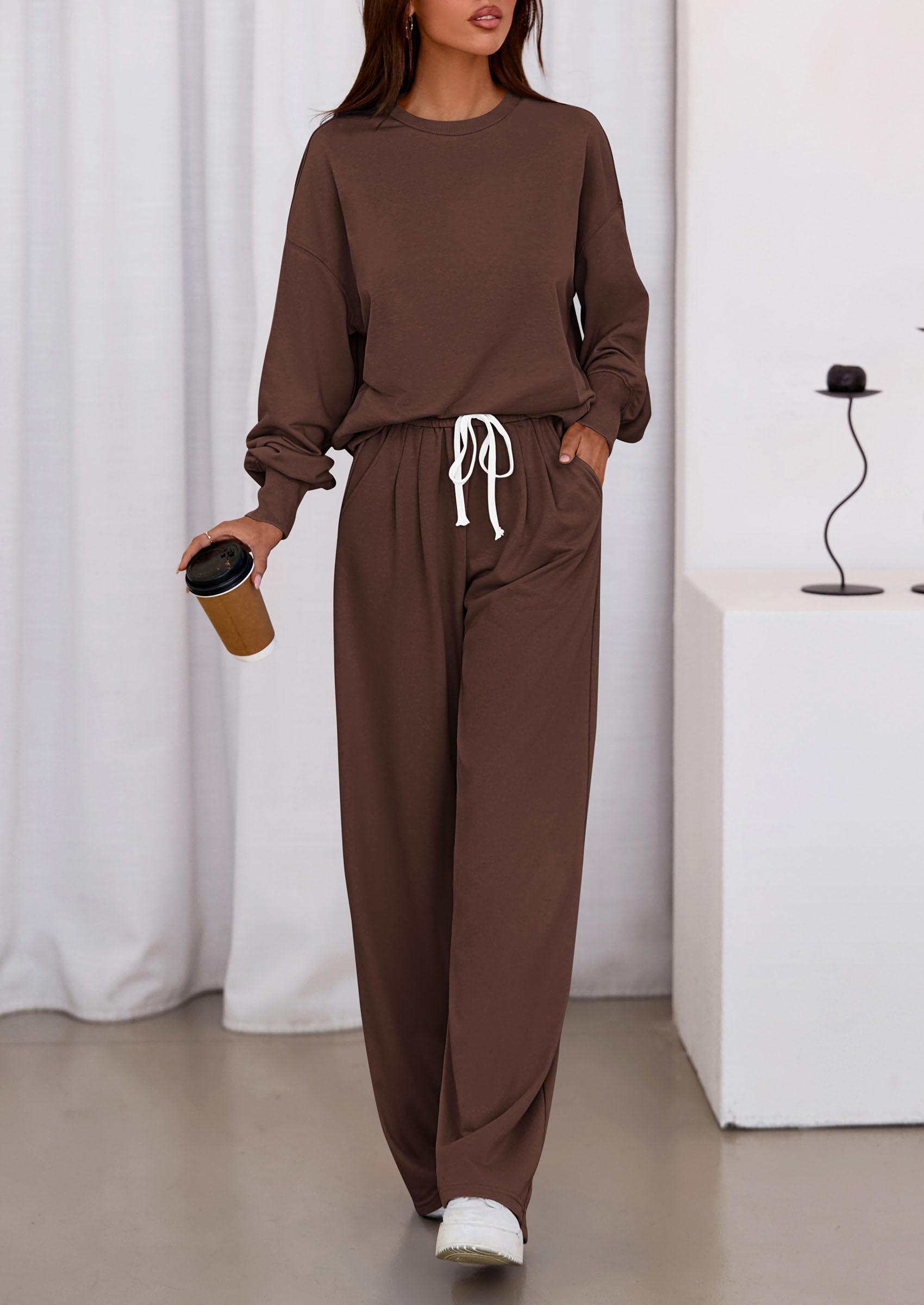 PRETTYGARDEN Womens 2 Piece Sets Long Sleeve Sweatshirt Wide Leg Pants Loose Matching Lounge Set Trendy Fall Outfits