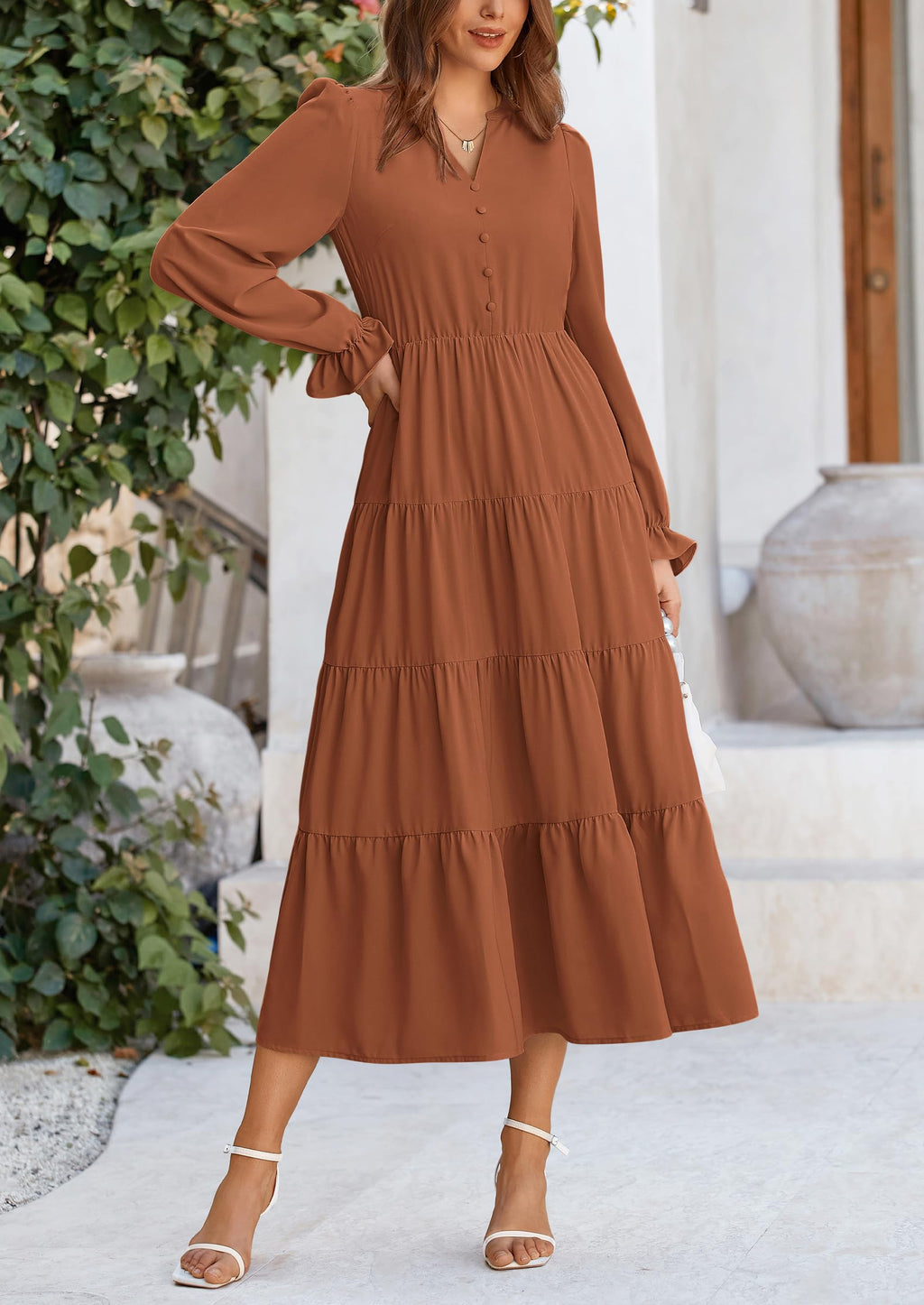 PRETTYGARDEN Women Fall Long Sleeve Smocked Maxi Dress Casual Square Neck Swiss Dot Tiered Ruffle Flowy Spring Pocket Dresses