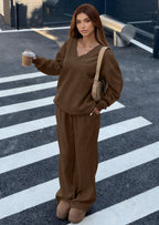 PRETTYGARDEN Casual Winter Two Piece Sets for Women V Neck Sweatshirt Loose Wide Leg Pants Tracksuit Knit Fall Outfits