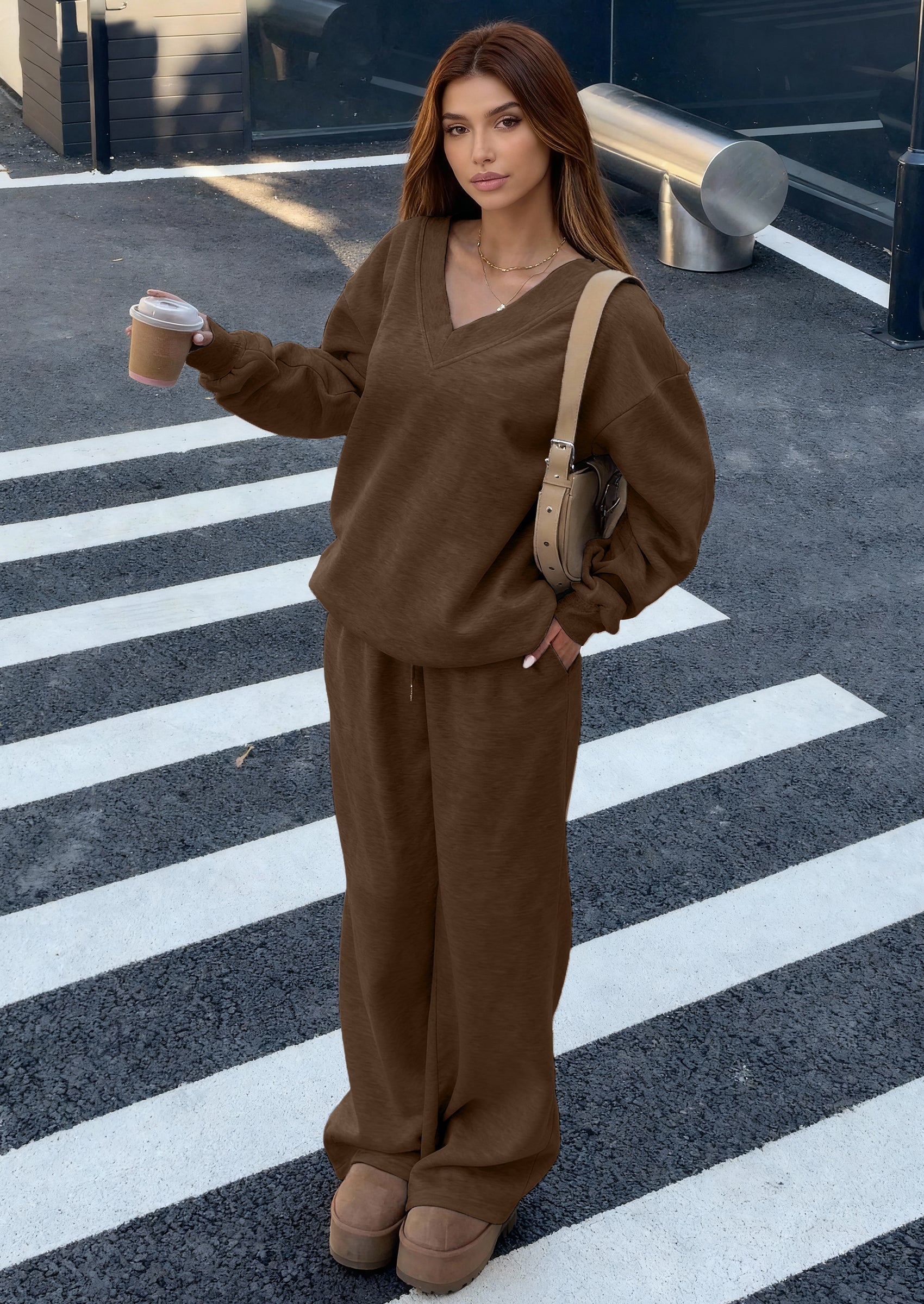 PRETTYGARDEN Casual Winter Two Piece Sets for Women V Neck Sweatshirt Loose Wide Leg Pants Tracksuit Knit Fall Outfits