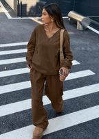 PRETTYGARDEN Casual Winter Two Piece Sets for Women V Neck Sweatshirt Loose Wide Leg Pants Tracksuit Knit Fall Outfits