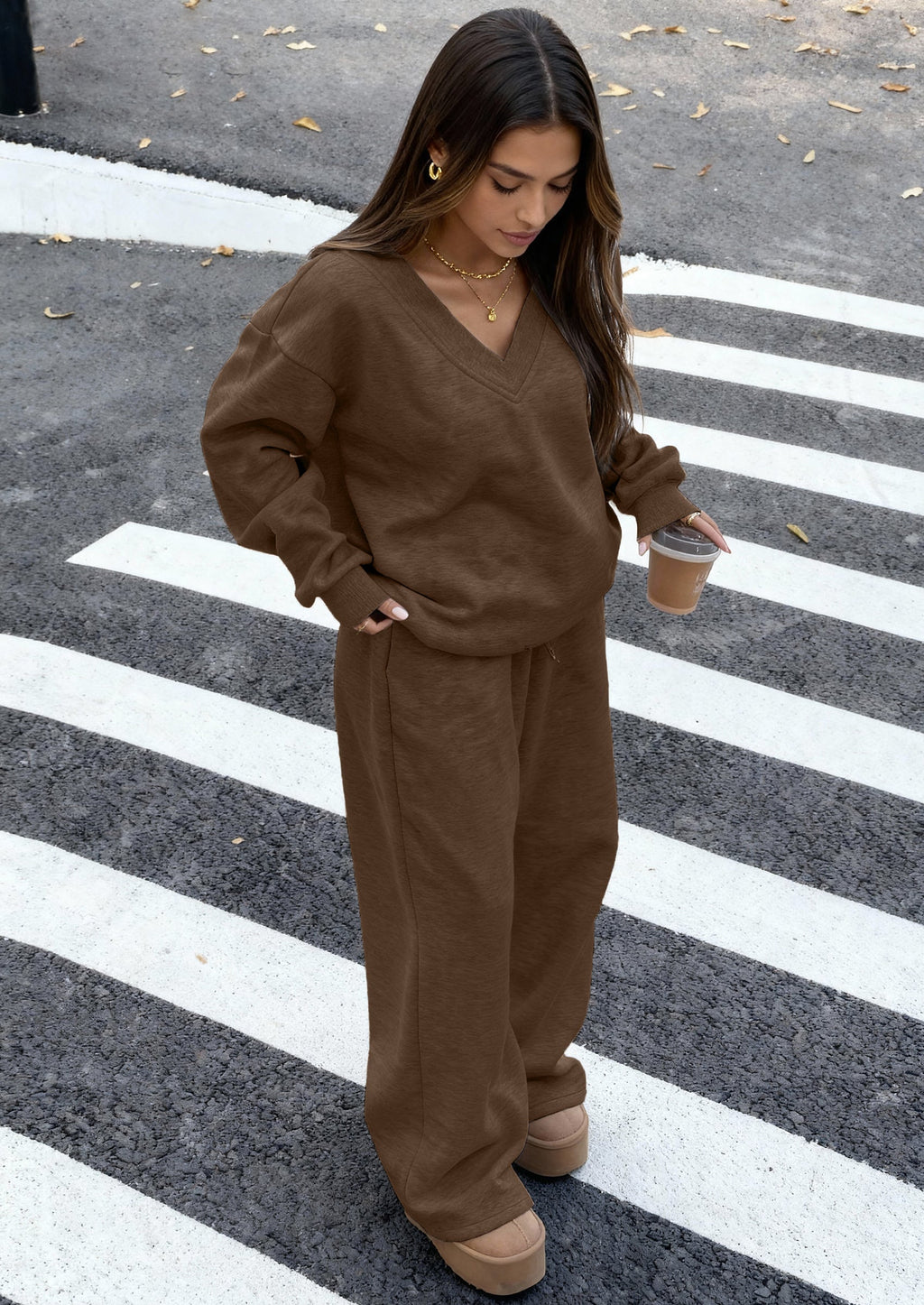 PRETTYGARDEN Casual Winter Two Piece Sets for Women V Neck Sweatshirt Loose Wide Leg Pants Tracksuit Knit Fall Outfits