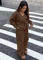 PRETTYGARDEN Casual Winter Two Piece Sets for Women V Neck Sweatshirt Loose Wide Leg Pants Tracksuit Knit Fall Outfits
