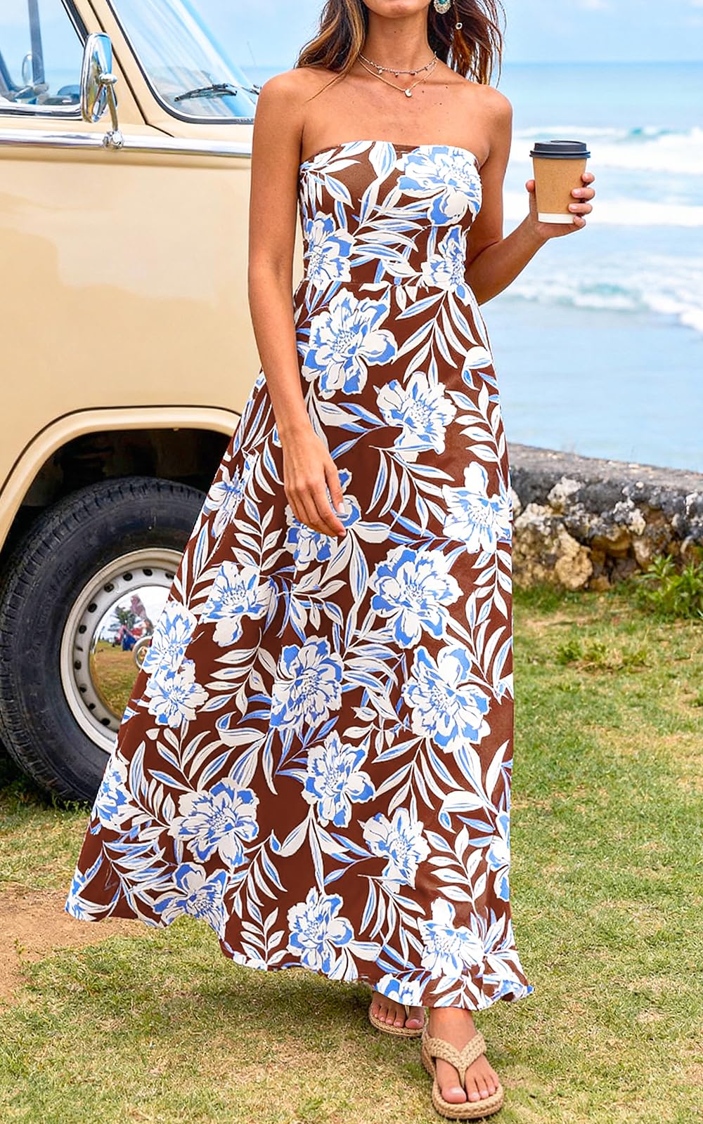 PRETTYGARDEN Sleeveless Floral Summer Maxi Dresses for Women Tube Top Flowy Long Dress Tropical Beach Vacation Clothes