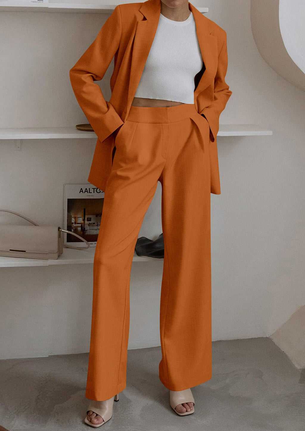 PRETTYGARDEN Women's Fall Two Piece Outfits Dressy Blazer Jacket and Wide Leg Pants Pockets Business Casual Office Suit Sets