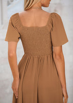 PRETTYGARDEN Summer Dress for Women Casual Short Sleeve Bow Tie V Neck Ruffle Midi Flowy Dresses