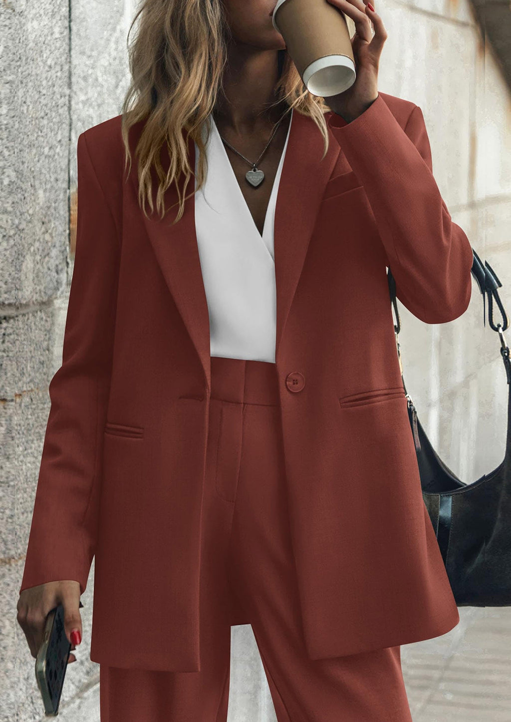 PRETTYGARDEN Women's Fall Two Piece Outfits Dressy Blazer Jacket and Wide Leg Pants Pockets Business Casual Office Suit Sets