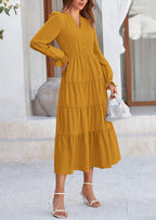 PRETTYGARDEN Women Fall Long Sleeve Smocked Maxi Dress Casual Square Neck Swiss Dot Tiered Ruffle Flowy Spring Pocket Dresses